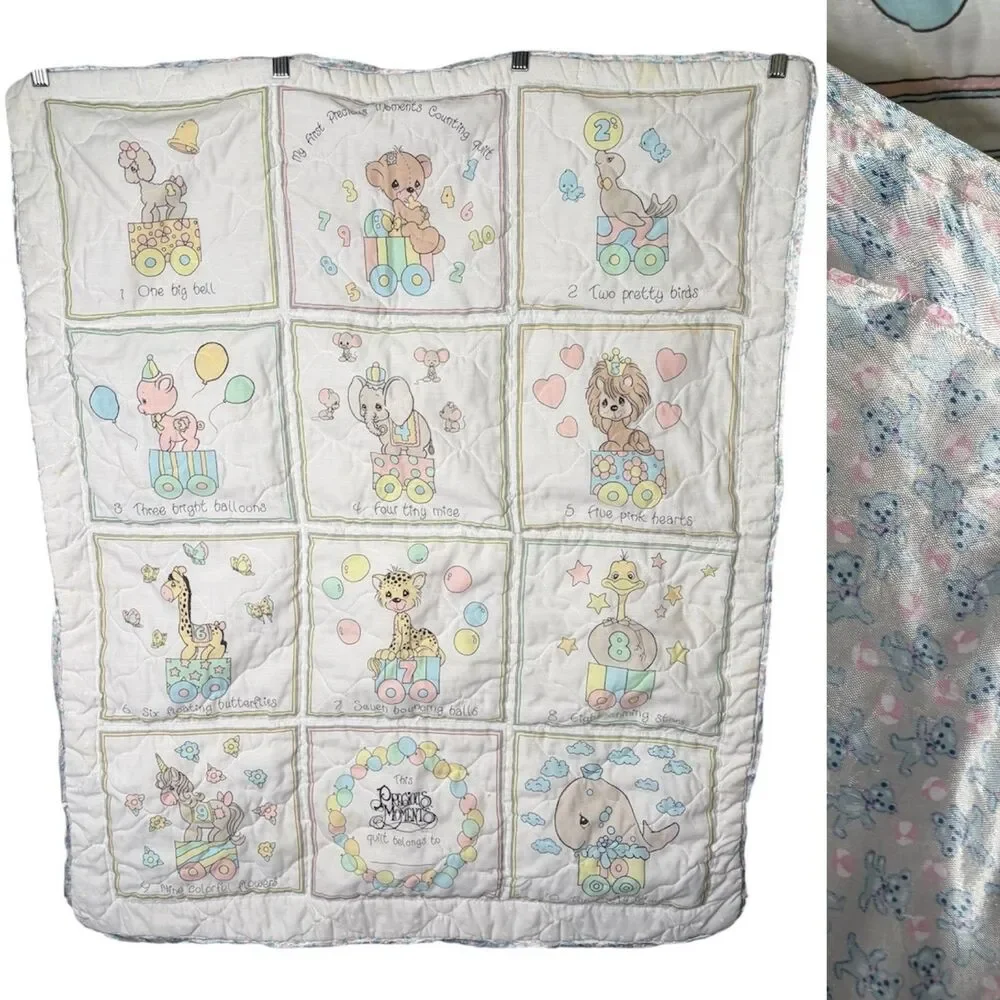 Vintage Handmade Precious Moments Quilt Baby Blanket Counting Satin Back